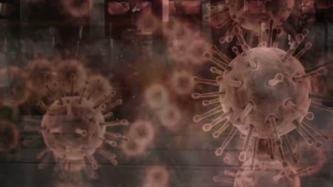 Animation-Von-Makro-Coronavirus-Covid-19-Zellen,-Die-Sich-über-Eine-Straße-Ausbreiten,-Während-Menschen-Gehen