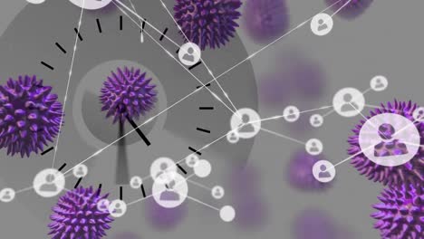 Animation-Von-Makro-Coronavirus-Zellen,-Die-Sich-über-Ein-Netzwerk-Von-Verbindungen-Mit-Menschensymbolen-Ausbreiten