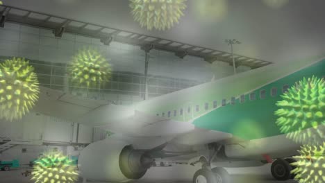 Animation-Von-Makro-Coronavirus-Covid-19-Zellen,-Die-Sich-über-Einem-Passagierflugzeug-Ausbreiten