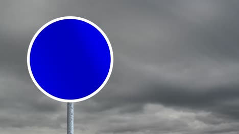 Animation-of-blue-round-road-sign-and-clouds-in-sky-in-the-background