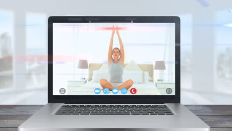 Animation-of-tablet-computer-showing-a-Caucasian-woman-exercising.-Coronavirus--spreading
