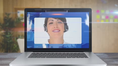 Animation-of-a-screen-showing-a-Caucasian-woman-wearing-phone-headset-a.-Coronavirus--spreading