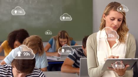 Animation-of-adult-students-using-a-digital-tablet-with-clouds-with-rising-numbers-floating
