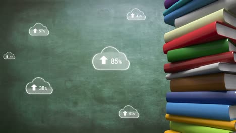 Animation-of-pile-of-books-spinning-with-clouds-over-a-blackboard-in-the-background