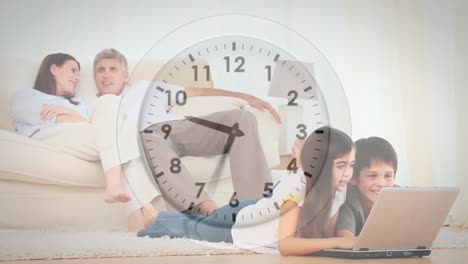 Animation-of-a-Caucasian-family-talking-and-using-a-laptop-over-a-clock-moving