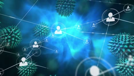 Animation-Von-Makro-Coronavirus-Zellen,-Die-Sich-über-Ein-Netzwerk-Von-Verbindungen-Mit-Menschensymbolen-Ausbreiten