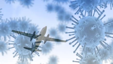 Animation-of-macro-coronavirus-Covid-19-cells-spreading-over-a-passenger-jet-plane