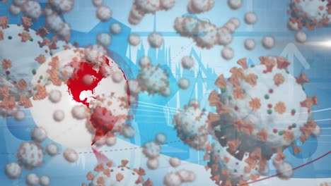 Animation-of-cells-of-coronavirus--spreading-over-globe-spinning-on-blue-background.-