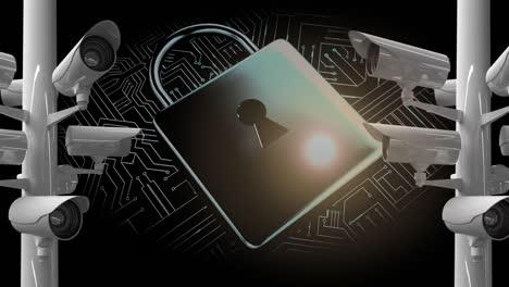 Animation-of-online-security-padlock-and-cameras-recording-over-computer-circuit-board-in-the-backgr