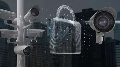 Animation-of-online-security-padlock-and-cameras-recording-over-cityscape-in-the-background.-