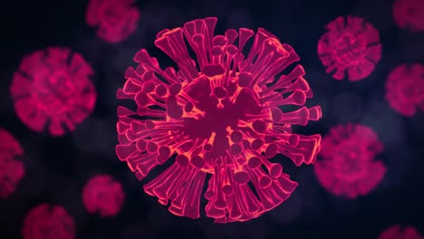 Animation-Leuchtend-Rosa-3D-Makro-Coronavirus-Covid-19-Zellen,-Die-Sich-Auf-Dunklem-Hintergrund-Ausbreiten.