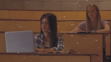 Animation-Von-Zwei-Frauen,-Die-In-Einem-Klassenzimmer-über-Einem-Netz-Von-Verbindungen-Sitzen