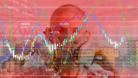 Animation-of-man-putting-a-protective-face-mask-on-over-stock-market-display-in-the-background