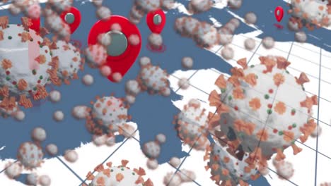 Animation-Von-Zellen-Des-Coronavirus,-Die-Sich-Im-Hintergrund-über-Den-Globus-Ausbreiten.