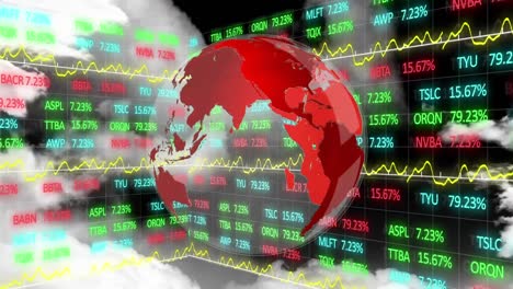 Animation-of-globe-spinning-over-stock-market-display-with-numbers-and-graphs-over-data-recording-in