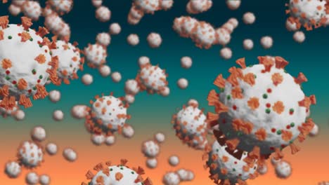 Animation-Von-Makrozellen-Des-Coronavirus-Covid-19,-Die-Sich-über-Einen-Grünen-Bis-Orangefarbenen-Hintergrund-Ausbreiten