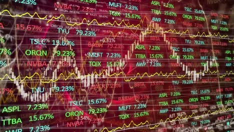 Animation-of-stock-market-display-with-numbers-and-graphs-over-red-circles-pulsating-in-the-backgrou
