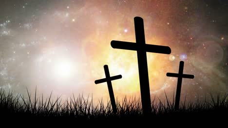 Animation-of-silhouette-of-three-Christian-crosses-over-universe