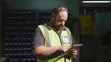 Caucasian-male-factory-worker-at-a-factory-wearing-a-high-vis-vest-working