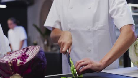 Caucasian-female-cook-working-in-a-restaurant-kitchen,-slicing-celery-on-a-cutting-board