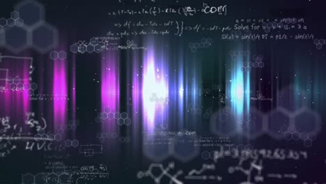 Animation-of-scientific-formulae-hand-written-in-white-letters-and-multiple-gowing-light-trails