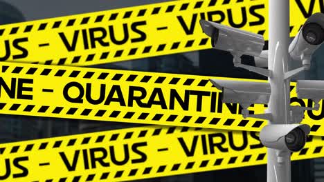 Words-Quarantine-and-Virus-written-on-warning-tapes-with-cameras-recording-in-the-background.-