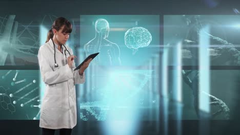 Animation-of-female-doctor-using-a-digital-tablet-over-scientist-screens