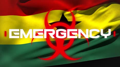 Animation-Des-Wortes-„Notfall“,-Geschrieben-über-Einem-Gesundheitsgefährdungsschild-über-Einer-Flagge-Ghanas-Im-Hintergrund