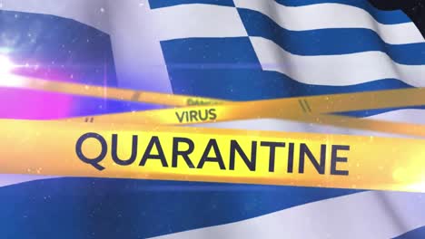 Words-Quarantine,-Danger-and-Virus-written-on-yellow-tape-over-a-Greek-flag-in-the-background.-
