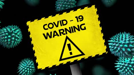 Animation-Der-Worte-„Covid-19-Warnung“-Auf-Einem-Gelben-Schild-über-Der-Ausbreitung-Von-Coronavirus-Zellen.