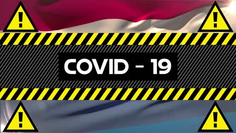 Animation-Des-Wortes-„Covid-19“,-Geschrieben-Auf-Gelbem-Und-Schwarzem-Klebeband-über-Einer-Holländischen-Flagge-Im-Hintergrund