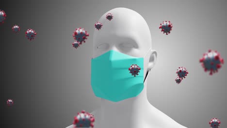 Animation-Von-Makro-Coronavirus-Zellen,-Die-über-Einem-3D-Menschenmodell-Schweben-Und-Im-Hintergrund-Eine-Gesichtsmaske-Tragen