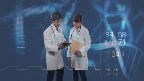 Heart-rate-monitor-and-DNA-structures-against-male-and-female-doctor-discussing-over-digital-tablet