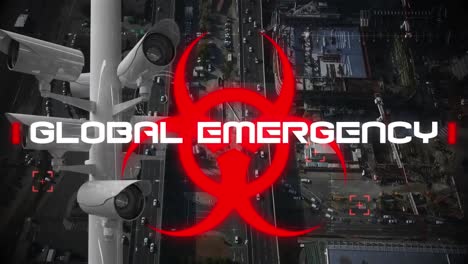 Words-Global-Emergency-written-over-health-hazard-sign-with-cameras-moving-