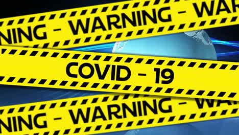 Worte-„Covid-19“-Und-„Warnung“-Auf-Gelbem-Band-über-Dem-Globus,-Der-Sich-Im-Hintergrund-Dreht.