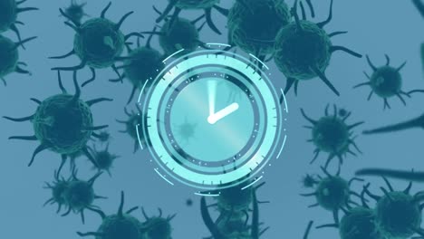 Digital-clock-icon-and-Covid-19-cells-moving-against-blue-background
