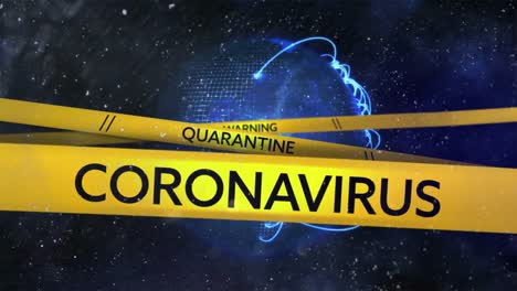 Animation-of-the-words-Warning,-Quarantine-and-Coronavirus-written-on-yellow-tape-over-globe-spinnin
