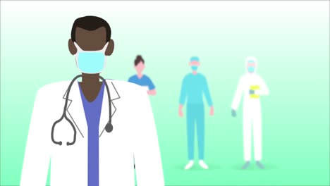 Animation-of-a-doctor-wearing-a-face-mask-with-medical-personnel-standing-on-green-background.-