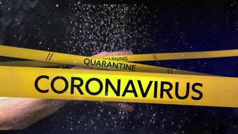 Words-Coronavirus,-Quarantine-and-Warning-written-on-yellow-tape-over-person-washing-hands-