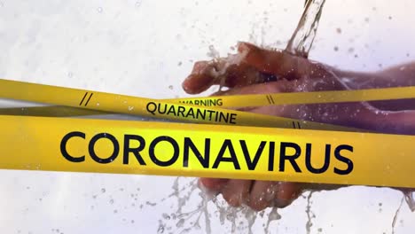 Worte-„Coronavirus“,-„Warnung“-Und-„Quarantäne“-Geschrieben-Auf-Gelbem-Klebeband-über-Einer-Person,-Die-Sich-In-Der-Stadt-Die-Hände-Wäscht
