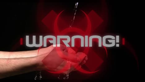 Wort-Warnung!-Überschriebenes-Gesundheitsgefährdungsschild-über-Person-Beim-Händewaschen-Auf-Schwarzem-Hintergrund.