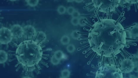 Animation-Von-Makro-Coronavirus-Zellen,-Die-Sich-Auf-Blauem-Hintergrund-Ausbreiten.