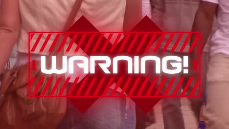 Animation-of-the-word-Warning-written-in-red-frame-on-city-background.-