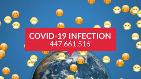 Worte-„Covid-19-Infektion“-Mit-Wachsenden-Zahlen,-Geschrieben-über-Einer-Gruppe-Von-Emojis,-Die-Auf-Blauem-Hintergrund-Fliegen