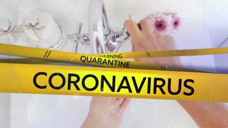 Animation-of-the-words-Quarantine-written-yellow-on-tape-