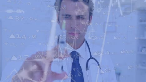 Animation-of-financial-data-and-charts-processing-over-male-doctor-holding-a-syringe--