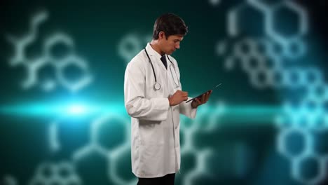Animation-of-a-doctor-using-a-digital-tablet-over-chemical-elements-in-the-background.-