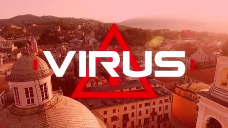 Animation-Des-Wortes-„Virus“,-Geschrieben-über-Ein-Dreieck-Warnschild-Auf-Stadthintergrund