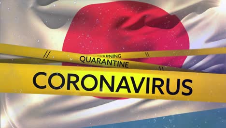 Words-Warning,-Quarantine-and-Coronavirus-written-on-yellow-tape-over-a-Japanese-flag-in-the-backgro