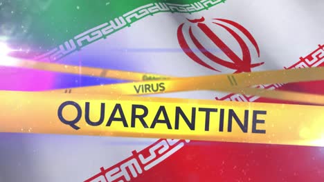 Animation-of-the-words-Quarantine,-Danger-and-Virus-written-on-tape-over-Iranian-flag.-